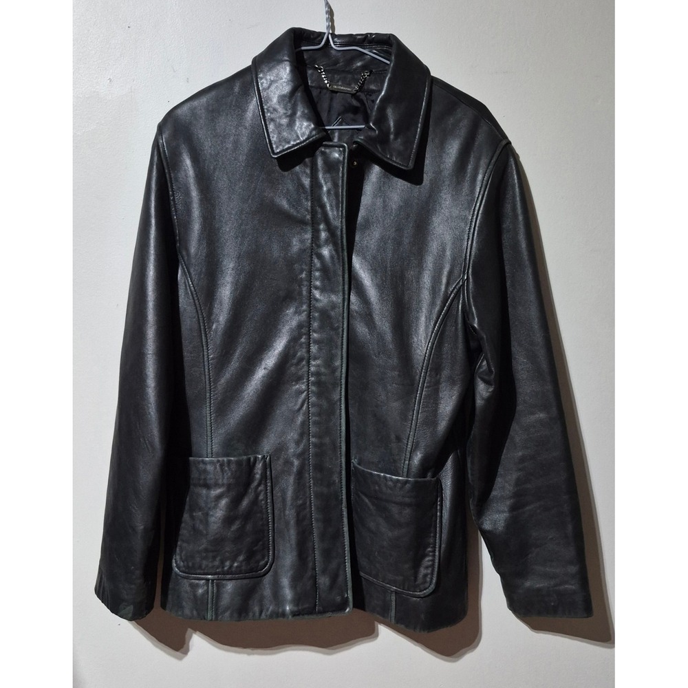 Liz Claiborne Black Genuine Leather Jacket Button Front Coat Womens Large